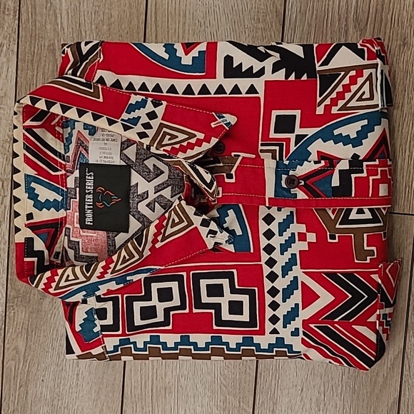 FRONTIER SERIES Red Aztec Abstract‎ Cotton Sz XL Western Long Sleeve Shirt RARE